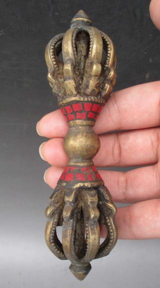 4.  5 " Old Tibet Tibetan Coral Bronze Ritual Tool Vajra Dorje Statue
