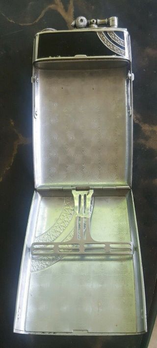 Vintage BLACK ENAMEL & SILVER Evans Lighter Cigarette Case Rare LIFT ARM 3