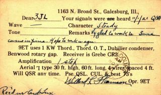 Willard L.  Fliomson Galesburg,  Illinois 1921 Vintage Ham Radio Qsl Card