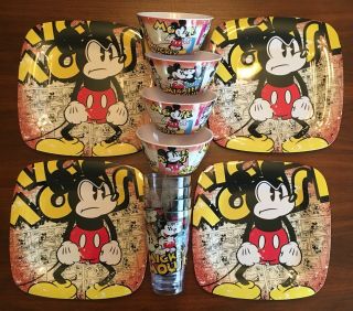 Set Of 4 Mickey Mouse Melamine Dinner Plates - Cups - Bowls - Comic Strip 11 " Di
