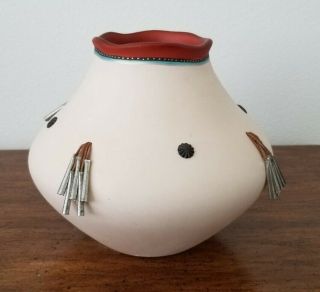 Estella Loretto Native American Pottery - Painted Pot With Metal Accents