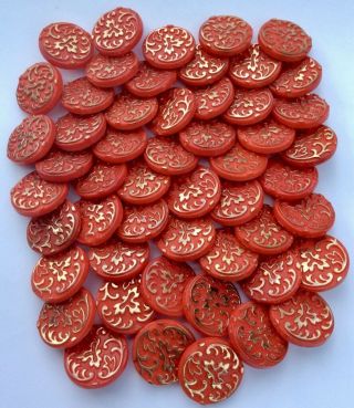 52 X 19mm Vintage Schwanda Red Glass Buttons,  Gilt Leaf Design