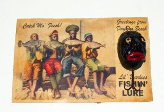 Vintage Black Americana Greetings From Daytona Beach Post Card Man Fishing Lure