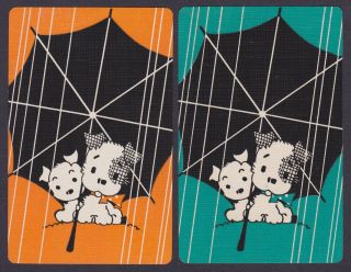 2 Single Vintage Swap/playing Cards Umbrella Dogs Patch Eye Pup In The Rain