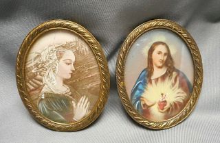 2 Old Miniature Framed Prints of Mary & Jesus Sacred Heart in Oval Brass Frames 2