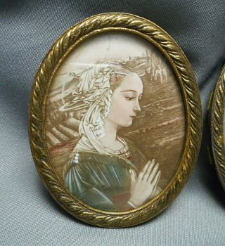 2 Old Miniature Framed Prints of Mary & Jesus Sacred Heart in Oval Brass Frames 3