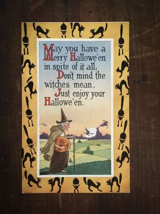 Vintage Gibson Halloween Postcard - Witches,  Jack - O - Lantern,  Black Cats -