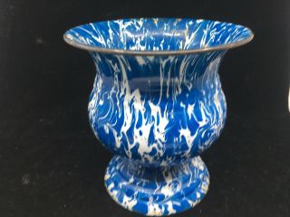 Granite Ware Enamelware Enamel Metal Vintage Vase Urn Graniteware Cobalt Blue 5
