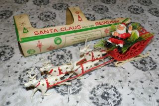 Vtg Bradford Christmas Decor Blowmold Santa & Reindeer Shelf Table Plastic
