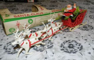 VTG Bradford Christmas Decor Blowmold Santa & Reindeer Shelf Table Plastic 2