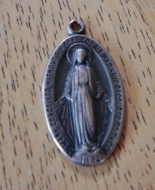 Vintage Sterling Silver Virgin Mary Religious 1830 Oval Medal Pendant 1 7/16 "