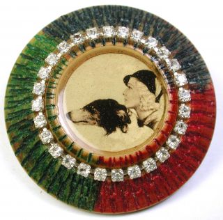 Vegetable Ivory Button Image Of Dog & Woman W/ Paste & Tint Accents - 1 & 1/2 "