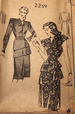 Advance Pattern 2259 1940s Dress Vintage Sewing Size 16 40s Fashion Design
