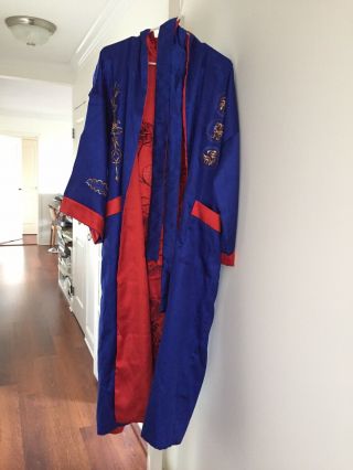 Vintage Silk Kimono Robe Size Large Blue Red W Yellow Embroidered Dragon