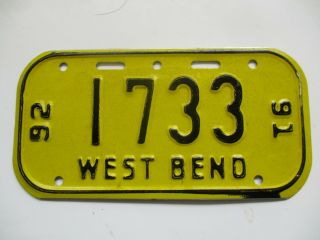 Rare Vintage 1991/92 West Bend Wi Metal Bicycle Bike License Plate 1733