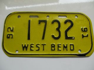 Rare Vintage 1991/92 West Bend Wi Metal Bicycle Bike License Plate 1732