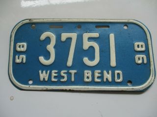 Rare Vintage 1985/86 West Bend Wi Metal Bicycle Bike License Plate 3751