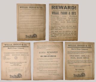 Set Of 5 Old West Wells Fargo Posters,  Robbery,  Stage Coach Rules,  Ad,  Wanted