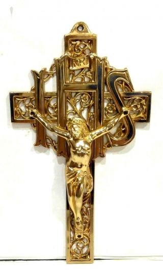 Very Ornate Filigree Gold Plated Brass Wall Hanging Crucifix