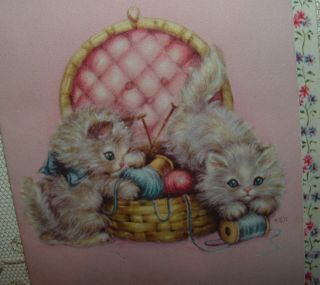2 Sweet Kittens Playing in Sewing Box,  Cat - 1950 ' s Vintage RUST CRAFT Card 2