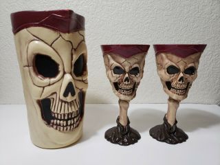 Vintage? Halloween Skull/skeleton Pitcher And Goblets Plastic Molded Set Of 3.