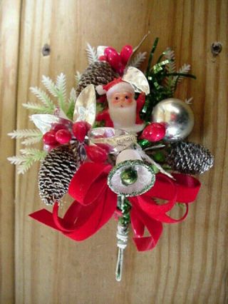 Vintage Christmas Corsage With Sugar Bells,  Pine Cones,  Holly Berries & Santa