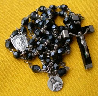 Circa 1950 Metal And Iridescent Black Glass Beads Rosary Of Our Lady Of Lourdes