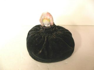 Old Handmade Pin Cushion Purple Velvet Porcelain Bisque Victorian Lady Head