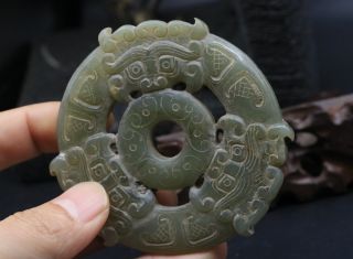 Exquisite Chinese Old Hetian Jade 3 Ox Head Dropa Bi Pi Totem 2 Side Carving