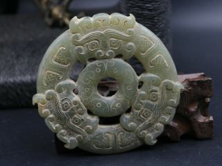 Exquisite Chinese Old Hetian Jade 3 Ox Head Dropa Bi Pi Totem 2 Side Carving 2