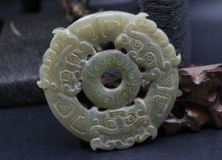 Exquisite Chinese Old Hetian Jade 3 Ox Head Dropa Bi Pi Totem 2 Side Carving 3