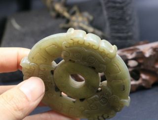Exquisite Chinese Old Hetian Jade 3 Ox Head Dropa Bi Pi Totem 2 Side Carving 4