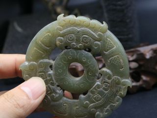 Exquisite Chinese Old Hetian Jade 3 Ox Head Dropa Bi Pi Totem 2 Side Carving 5