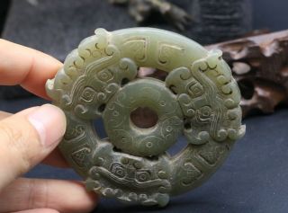 Exquisite Chinese Old Hetian Jade 3 Ox Head Dropa Bi Pi Totem 2 Side Carving 7