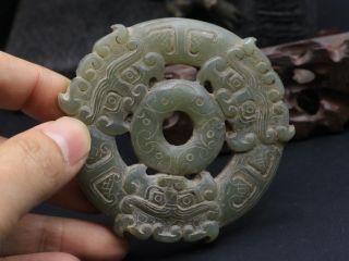 Exquisite Chinese Old Hetian Jade 3 Ox Head Dropa Bi Pi Totem 2 Side Carving 8