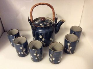 Vintage Otagiri Handcrafted Tea Set W/blue Pussywillows Teapot 6 Cups