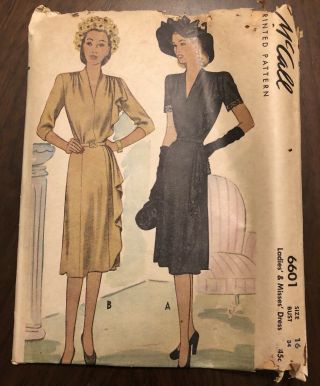 Mccall Printed Pattern 6601 1946 1940s Dress Vintage Sewing Size 16 40s Fashion