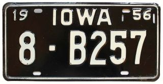 Vintage Black Iowa 1956 License Plate,  B257,  Boone County