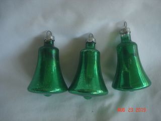 Set 3 Vtg.  Deep Christmas Green Blown Mercury Glass Bell - Shaped Ornaments
