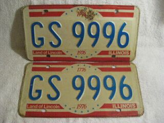 Vtg1976 Matched Pair License Plate Illinois Gs9996 Land Of Lincoln Bicentennial