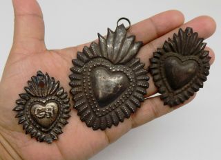Antique Sacred Heart Jesus Ex Voto 3 Miracle 11.  8 Grams Sterling Silver 925 F - 8