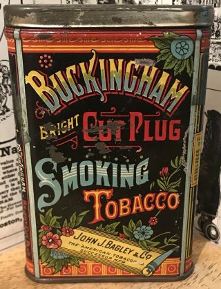 Vintage Buckingham Bright Cut Plug Smoking Tobacco Pocket Tin Litho Can - Bagley