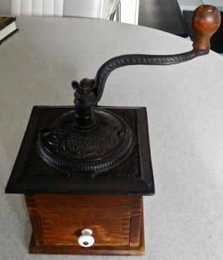 Antique / Vintage Coffee Mill Grinder Cast Iron & Dove - Tail Wood Porcelain Knob