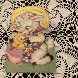 Vintage Greeting Card Rust Craft Easter Lamb Sheep Chick Egg Hat