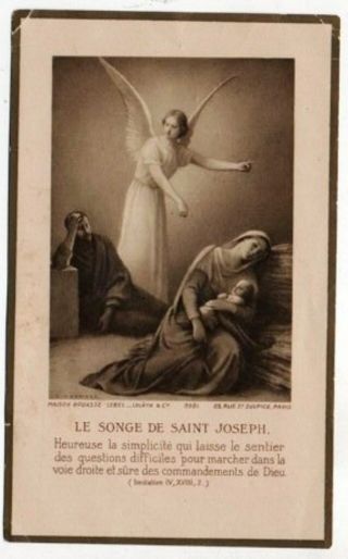Antique French Holy Card St Joseph Dream Guardian Angel Virgin Mary Jesus Child