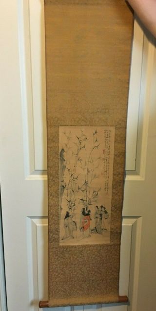 Scholars In Bamboo Grove Chinese Hanging Wall Scroll Vintage 52 " X13 "
