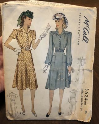 Mccall Pattern 3624 1940s Dress Vintage Sewing Size 16 30s 40s Fashion Design