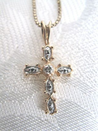 Vintage Estate 925 Sterling Silver Gold Vermeil Diamond Cross Pendant 18 " Chain