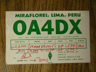 Oa4dx - Miraflores,  Lima,  Peru - Us 6c Stamp - Qsl Card - 1969