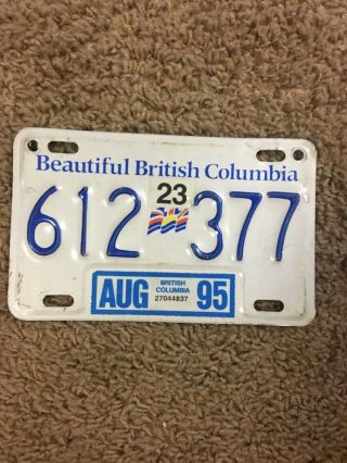 British Columbia Vintage Motorcycle License Plate 1995 612377 Bc Canada